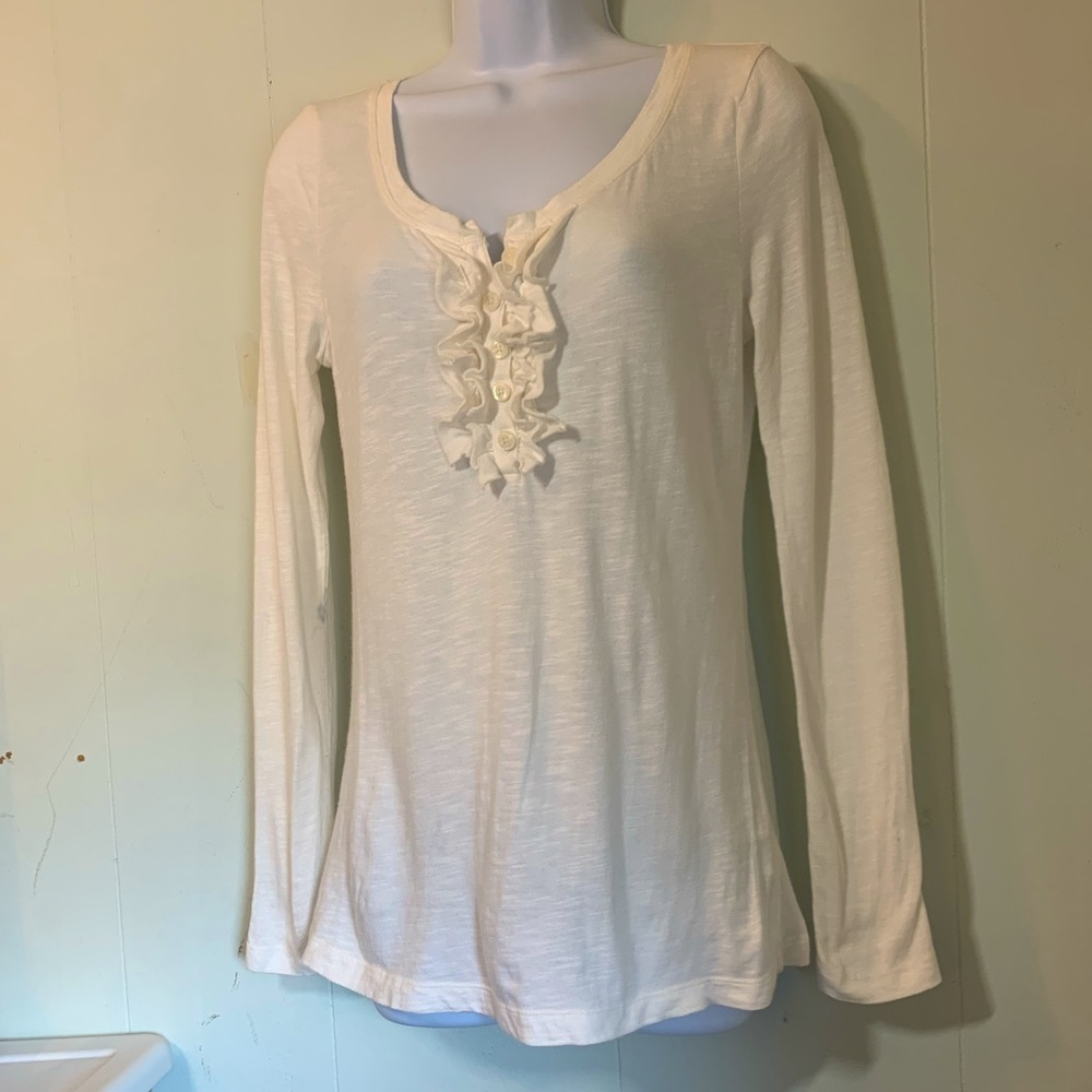 Old Navy Cream/White Ruffle Button-up Women's Long-sleeve Top S/P